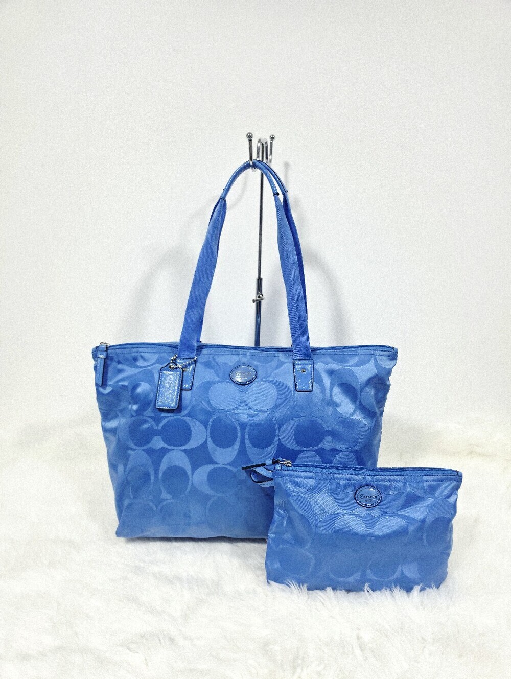Coach Signature Nylon Tote Bag with Matching Zip Pouch in a stunning bright blue